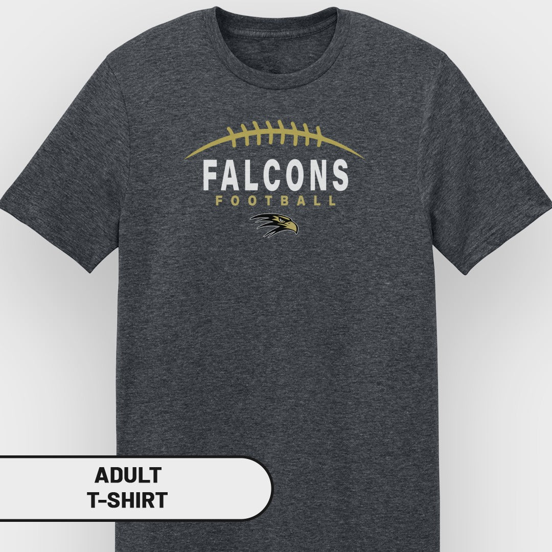 Dark grey adult t-shirt with "FALCONS FOOTBALL" text and falcon graphic.