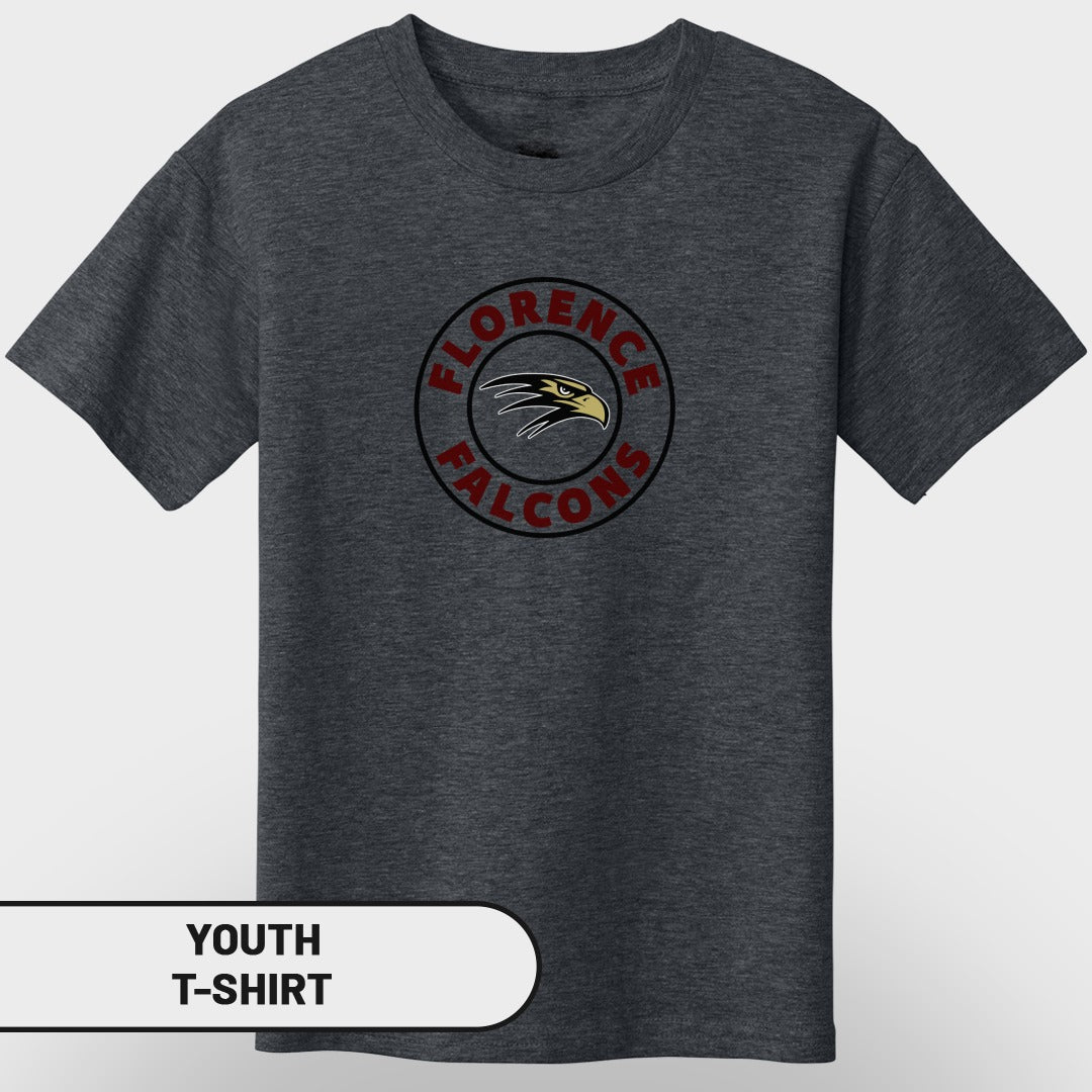 Dark grey youth t-shirt with a circular "Florence Falcons" logo featuring a falcon head.