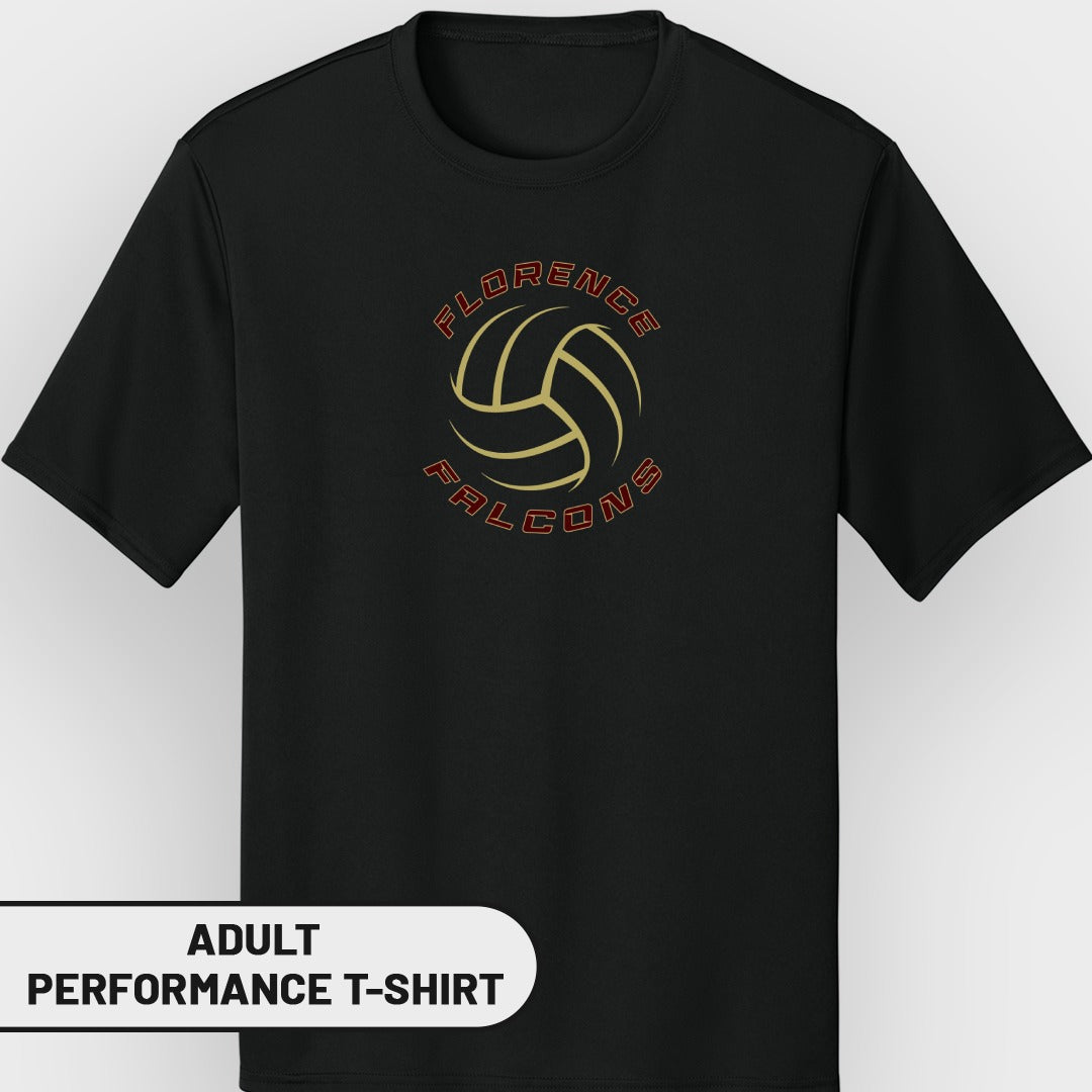 Black adult performance t-shirt with Florence Falcons volleyball logo.