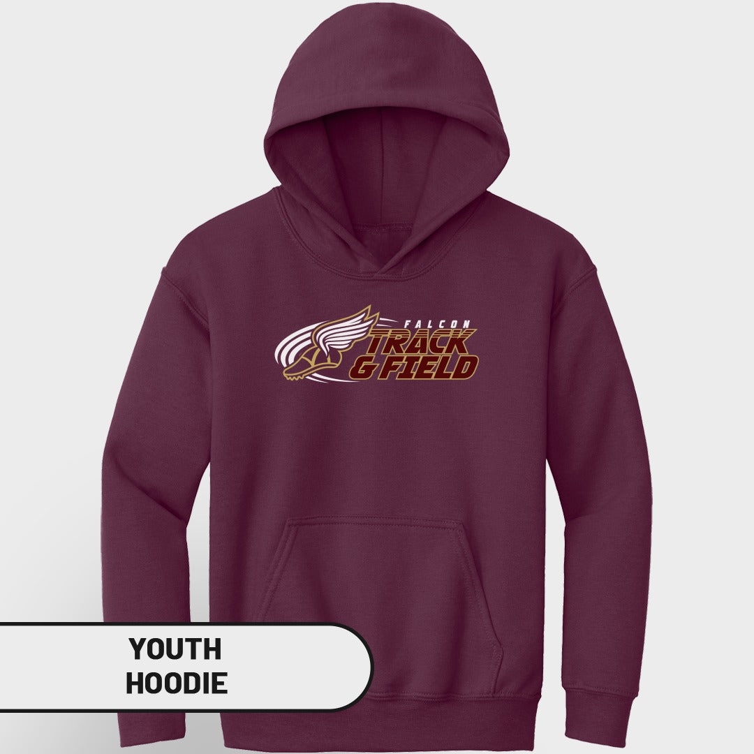 Maroon youth hoodie with "Falcon Track & Field" text and winged shoe graphic.