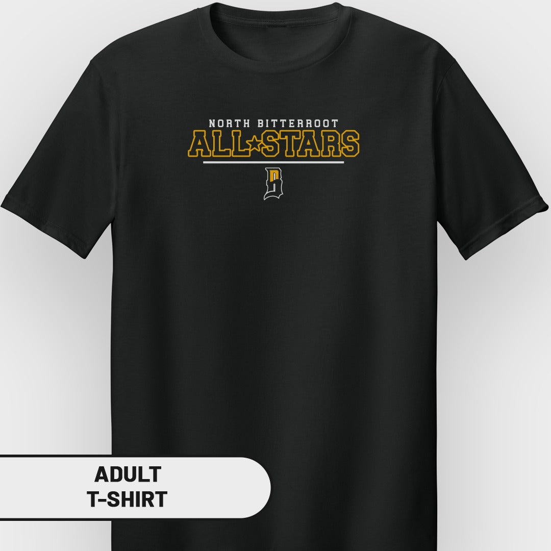Black adult t-shirt with yellow "North Bitterroot All-Stars" graphic.