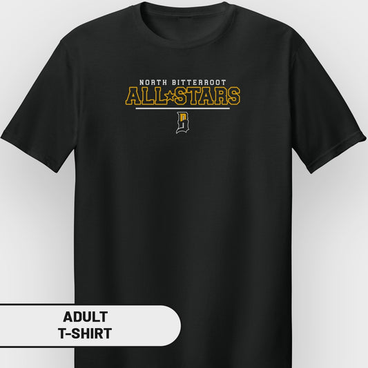 Black adult t-shirt with yellow "North Bitterroot All-Stars" graphic.