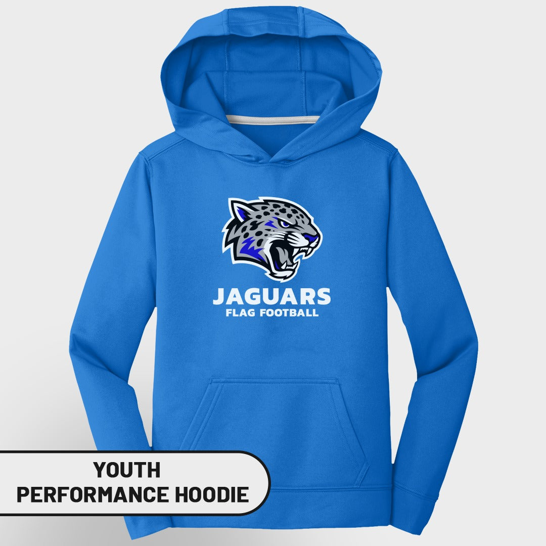 Blue youth performance hoodie with "JAGUARS FLAG FOOTBALL" logo.