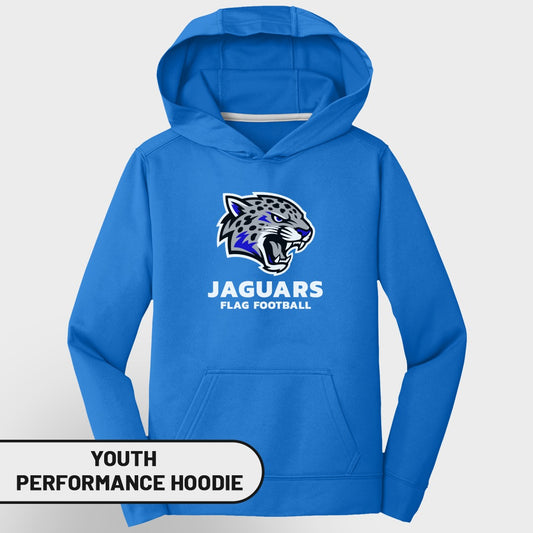 Blue youth performance hoodie with "JAGUARS FLAG FOOTBALL" logo.