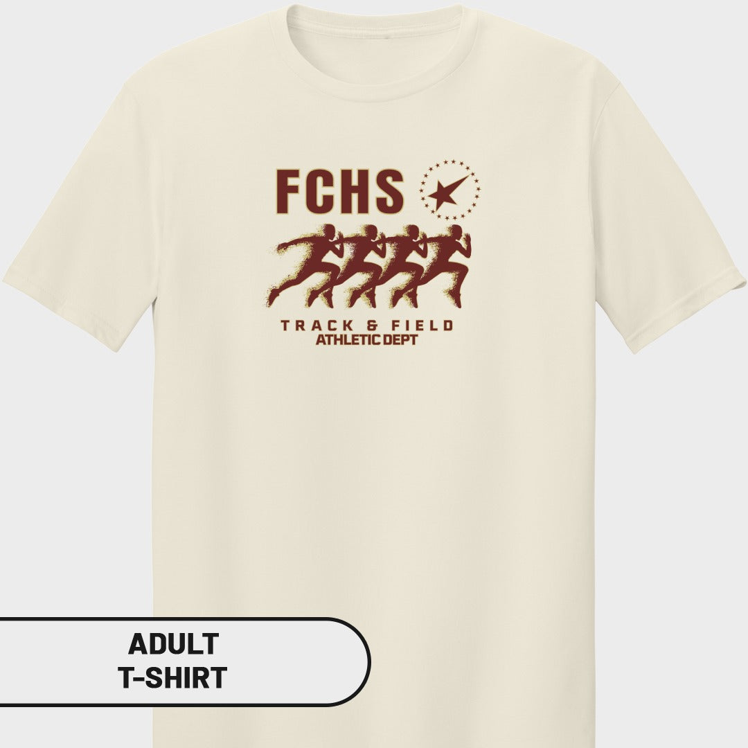 Cream t-shirt with FCHS Track & Field Athletic Dept graphic featuring runners and a star.