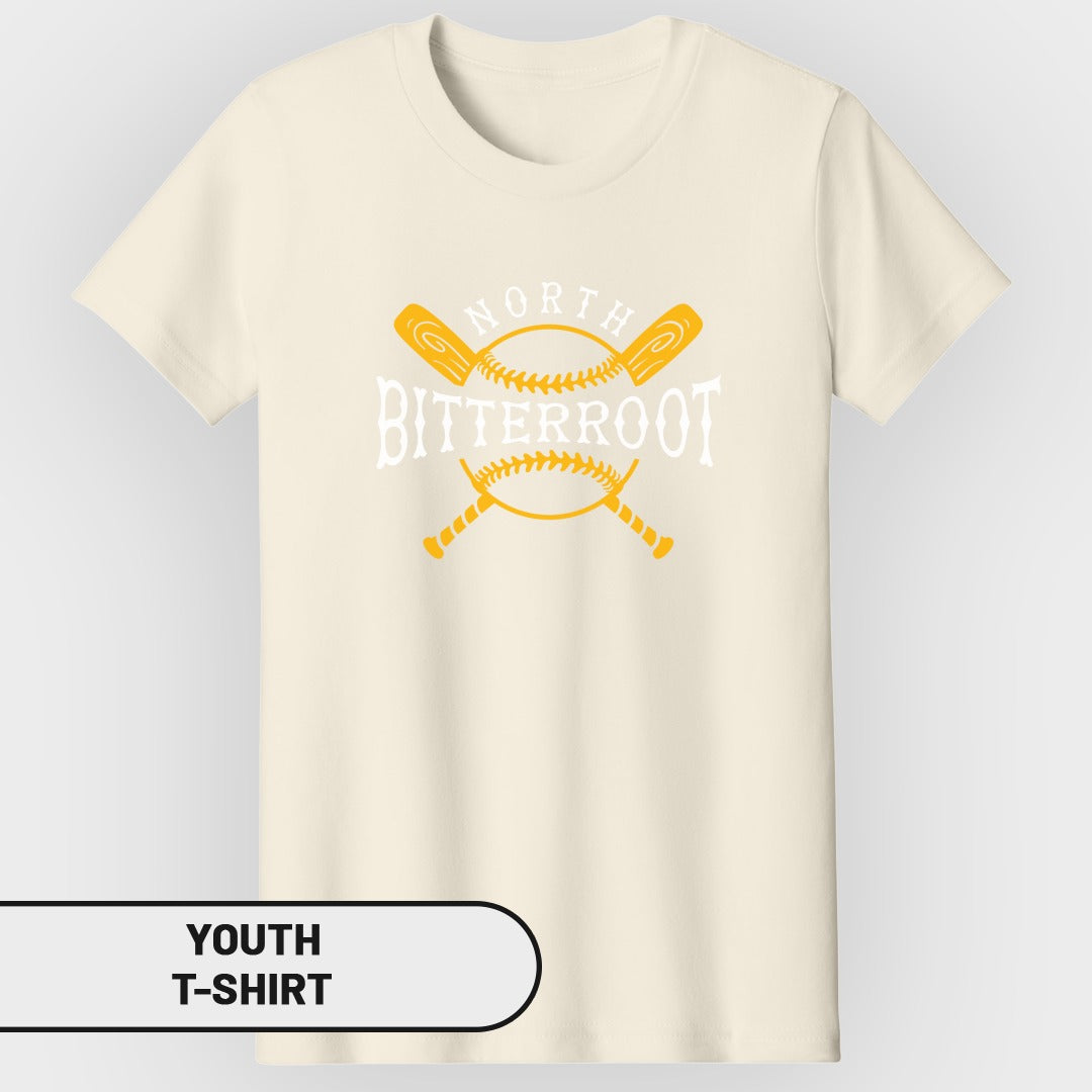 Cream youth t-shirt with yellow baseball bats and "North Bitterroot" text logo.