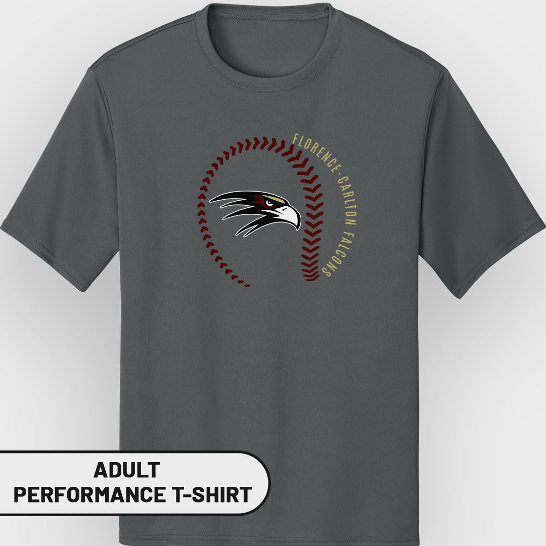 Adult performance t-shirt with a falcon logo and "Florence-Carlton Falcons" text.