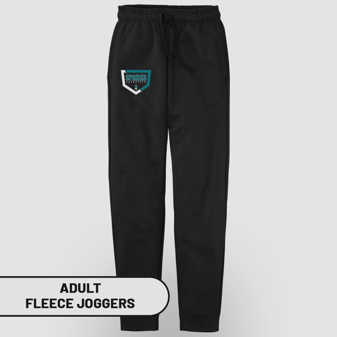 Black adult fleece joggers with "SPARKS" logo on the left thigh.
