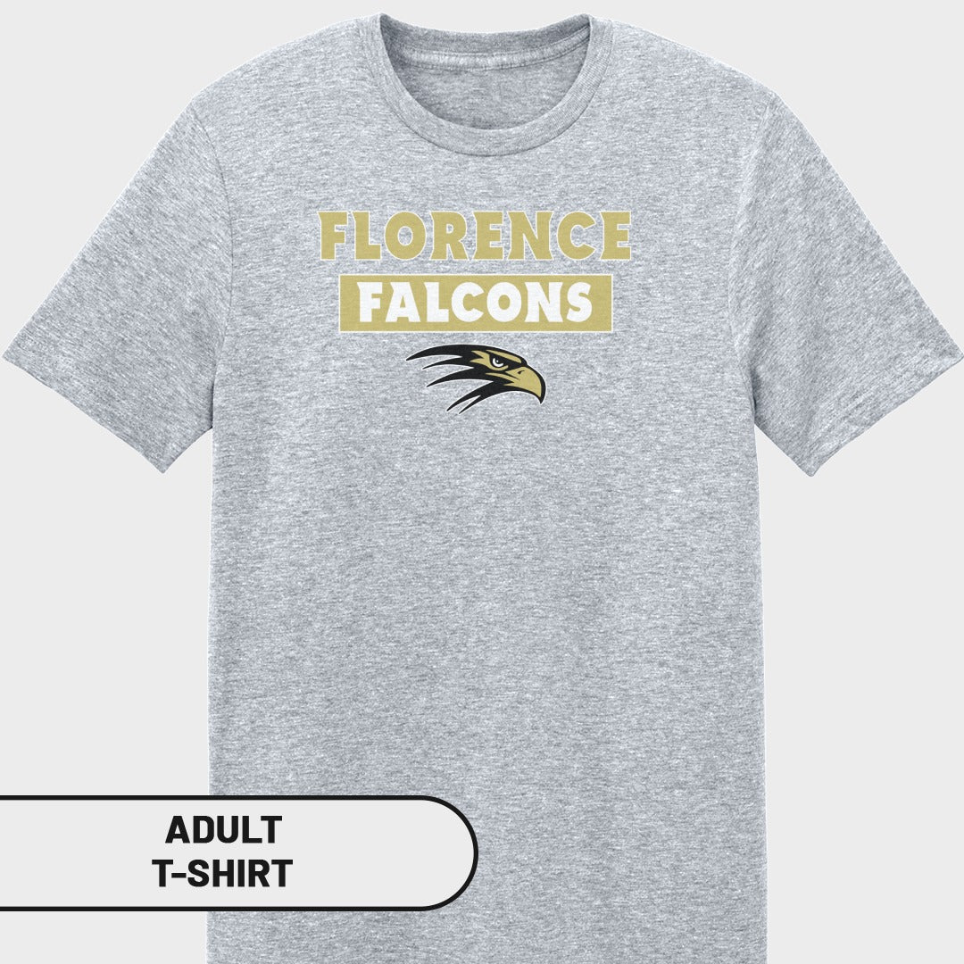 Grey adult t-shirt with "FLORENCE FALCONS" and a falcon head logo.