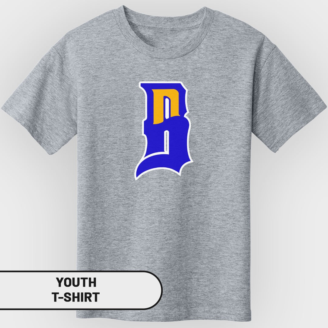 Grey youth t-shirt with a blue and yellow stylized "D" logo.