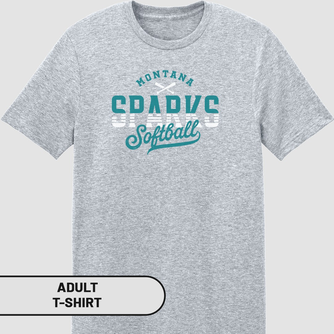 Grey adult t-shirt with "Montana Softball" and "CDAVS" graphics.