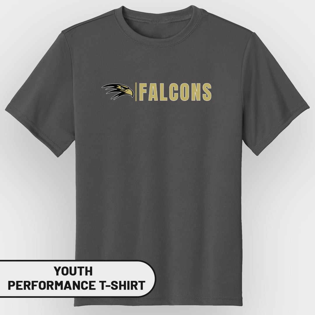 Dark gray youth performance t-shirt with gold "FALCONS" text and a falcon head logo.