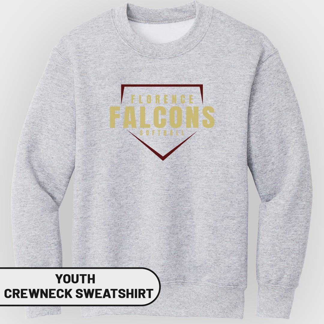 Youth crewneck sweatshirt with Florence Falcons softball logo.