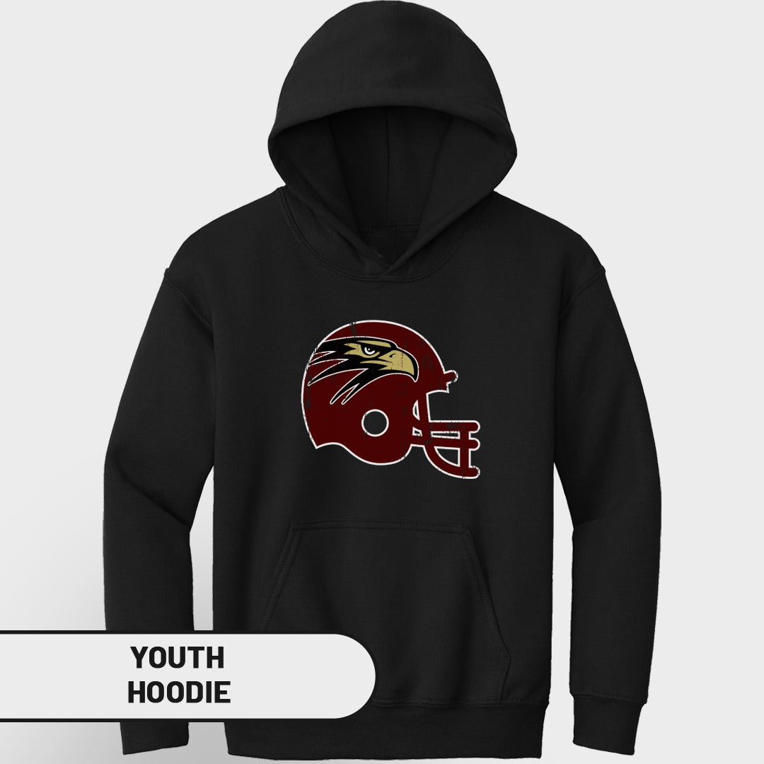 Black youth hoodie with maroon and gold distressed eagle helmet graphic.