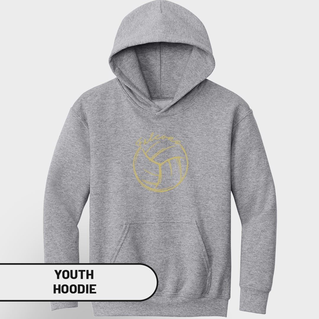 Grey youth hoodie with gold volleyball graphic and text overlay.
