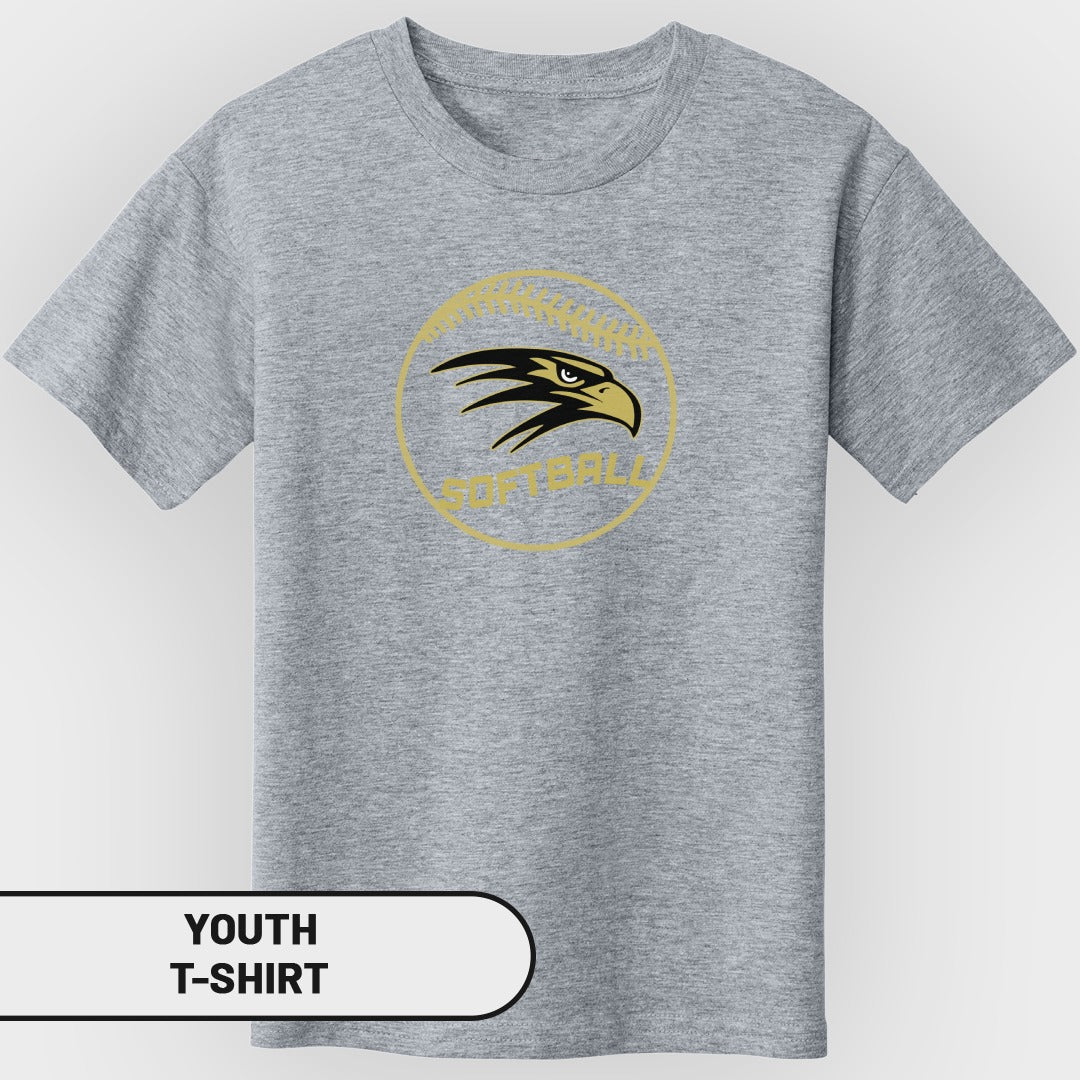 Grey youth t-shirt with a gold circle containing an eagle head and "SOFTBALL" text.