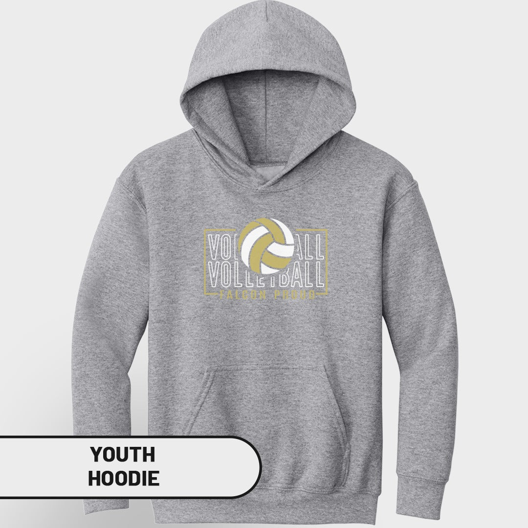 Grey youth hoodie with "VOLLEYBALL" text and a volleyball graphic.