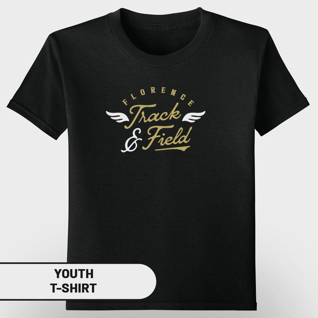 Black youth t-shirt with "Florence Track & Field" graphic and wings.