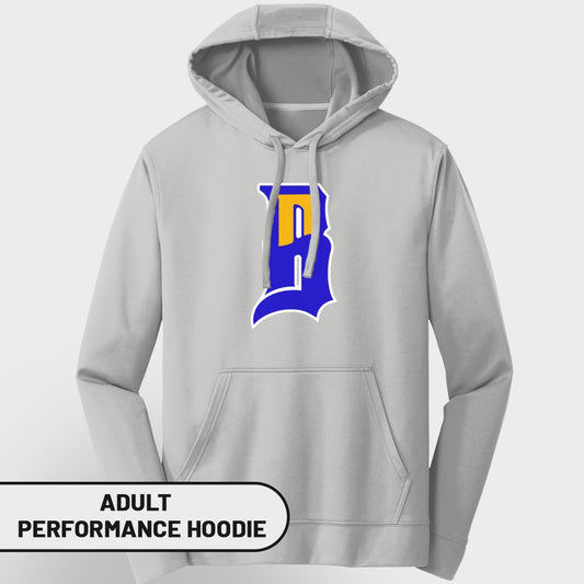 Gray adult performance hoodie with blue and yellow "B" logo.