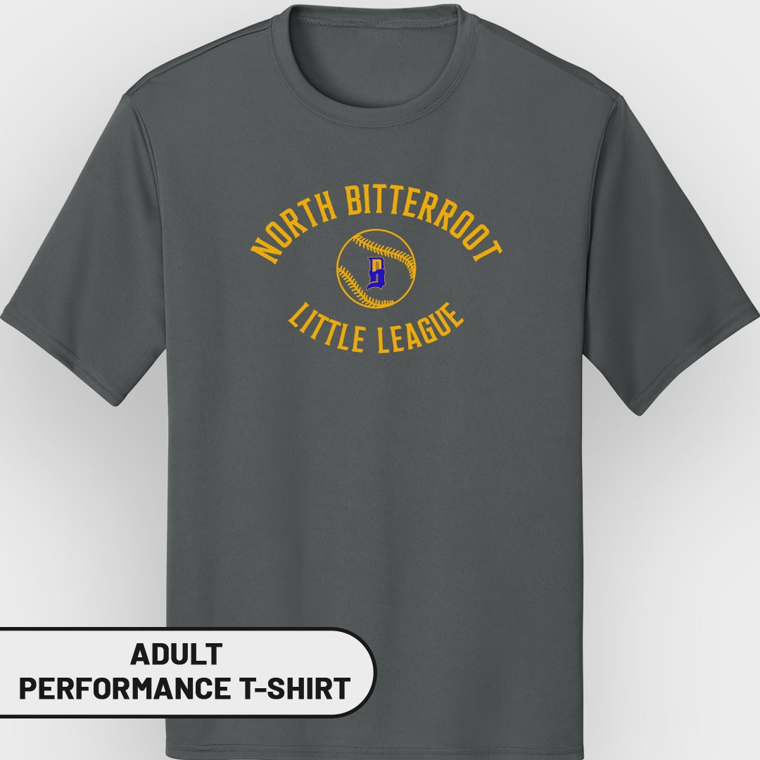 Dark gray t-shirt with "North Bitterroot Little League" yellow and blue logo.