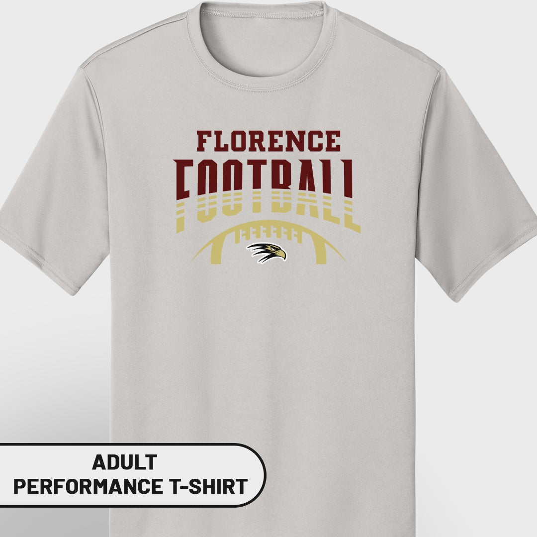 Gray adult performance t-shirt with Florence Football graphic and eagle logo.