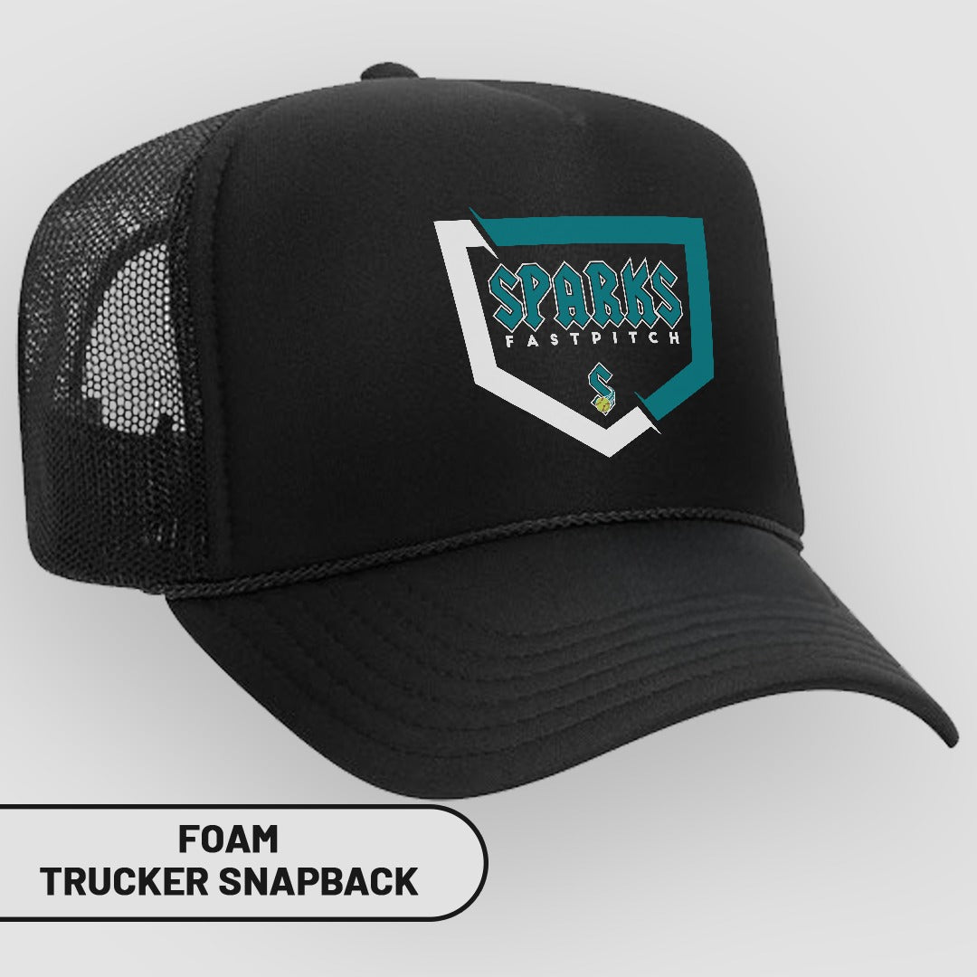 Black foam trucker snapback with "Sparks Fastpitch" logo.