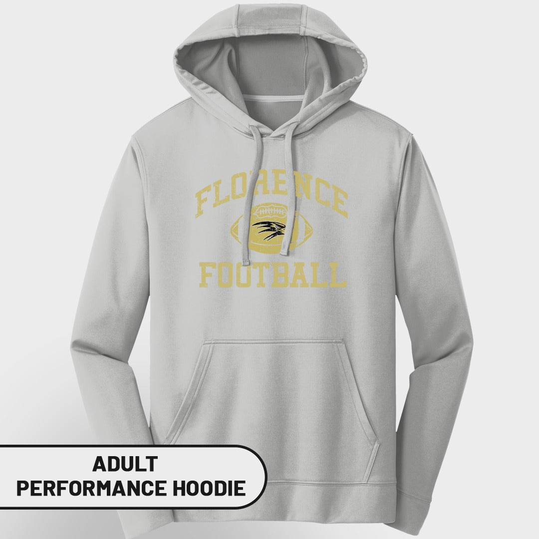 Light gray adult performance hoodie with "Florence Football" and a football graphic.