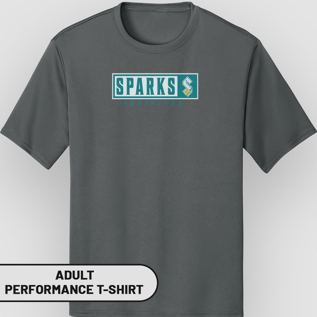 Gray adult performance t-shirt with Sparks logo and text.