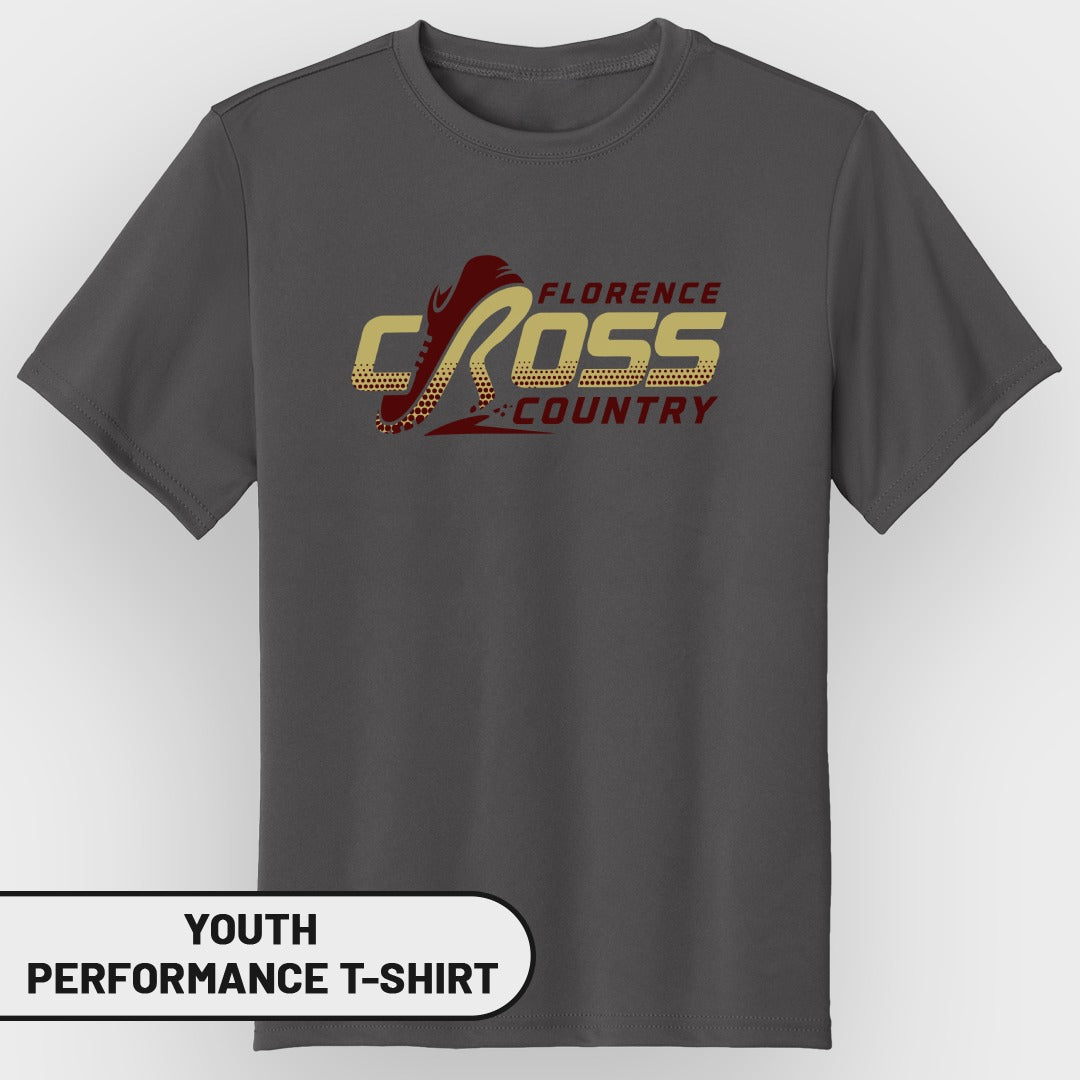 Dark grey youth performance t-shirt with "Florence Cross Country" logo.