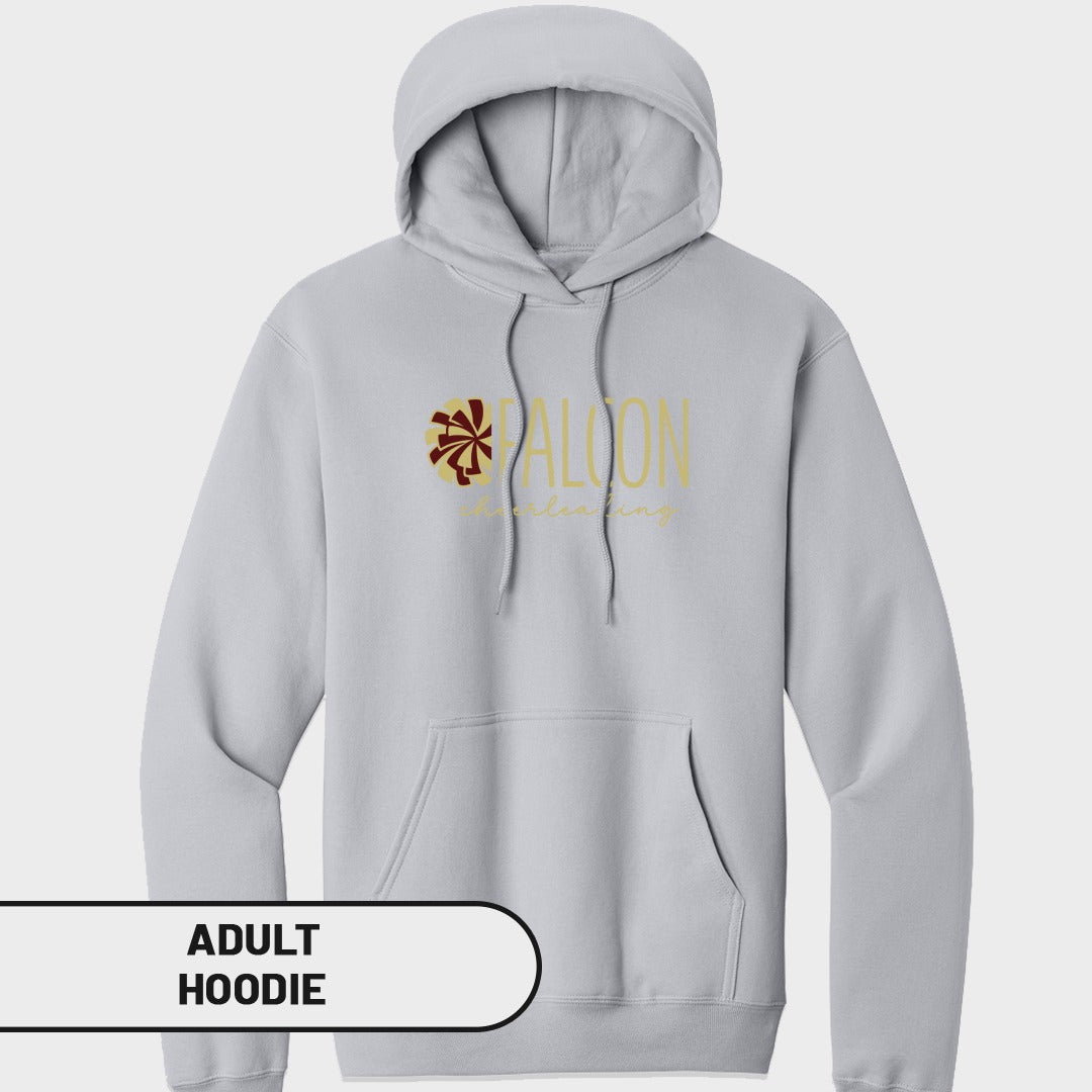 Light gray adult hoodie with "FALCON" and "cheerleading" text and logo.