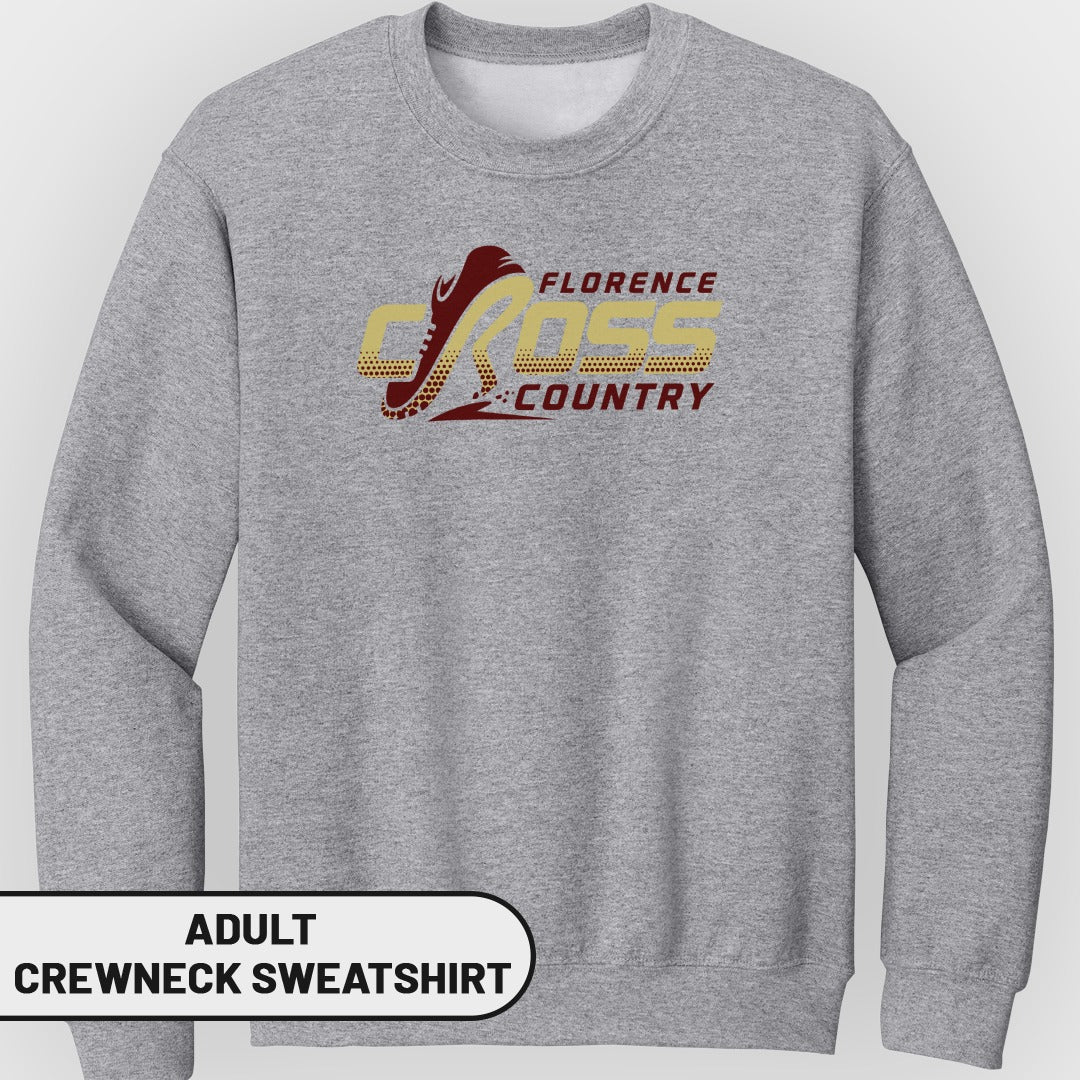 Adult crewneck sweatshirt with Florence Cross Country logo featuring a running shoe.