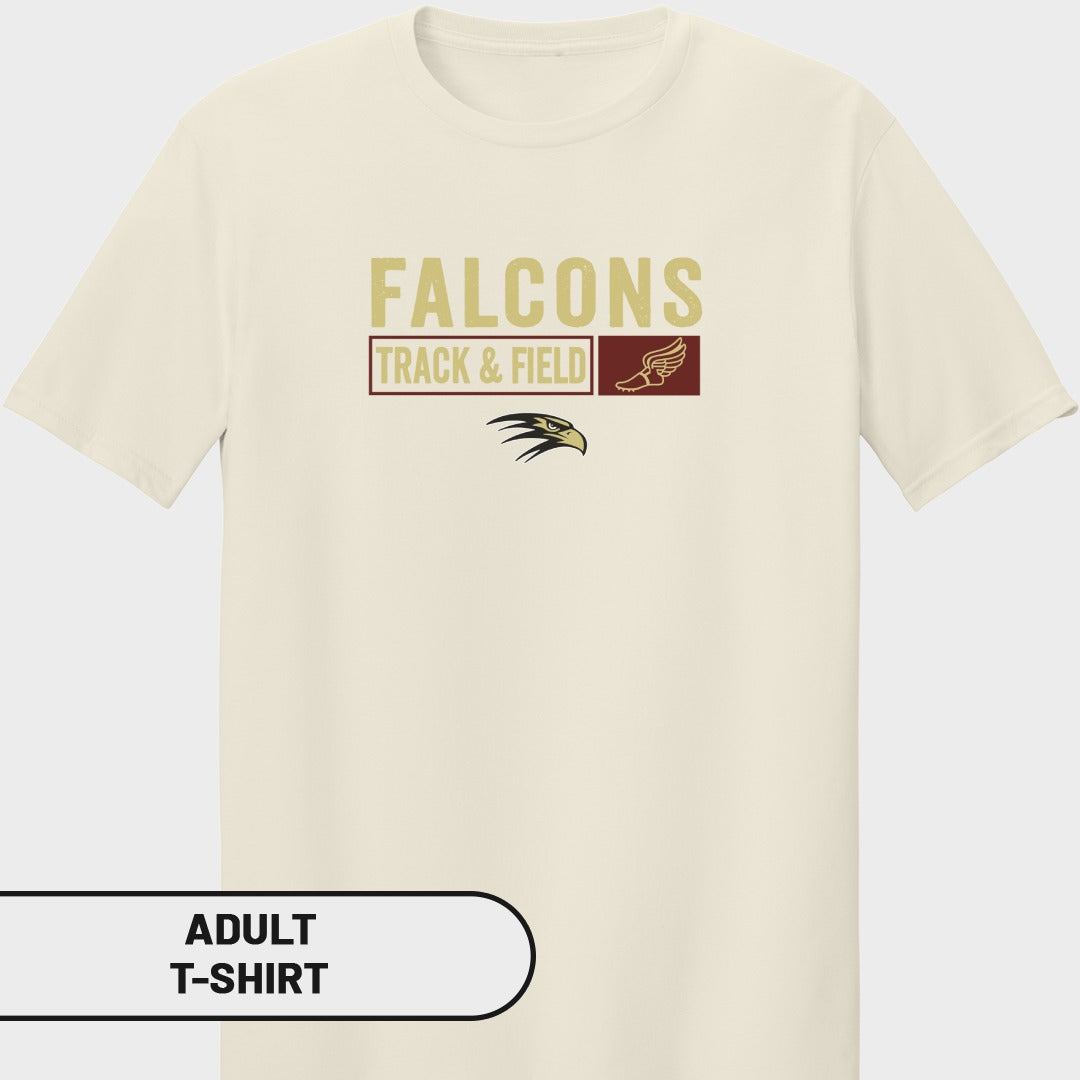 Cream t-shirt with "FALCONS TRACK & FIELD" text and a falcon head logo.