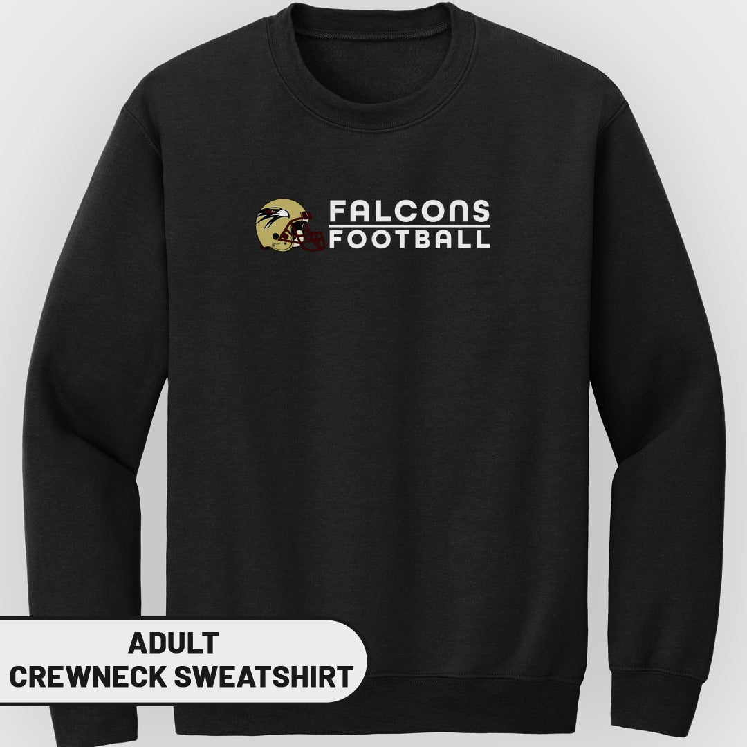 Black adult crewneck sweatshirt with "FALCONS FOOTBALL" text and logo.
