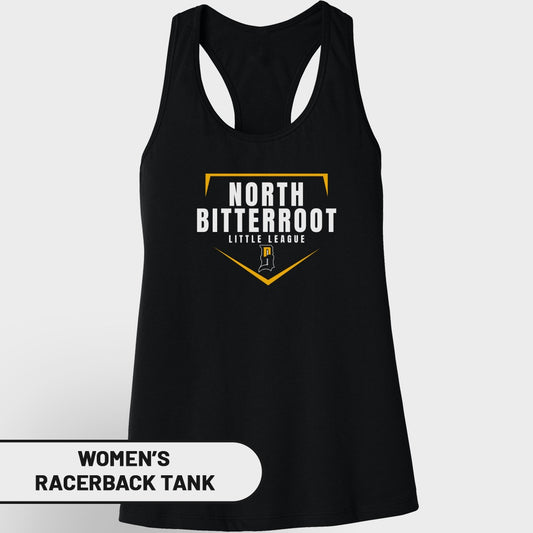 Black North Little League racerback tank top with white and gold logo.