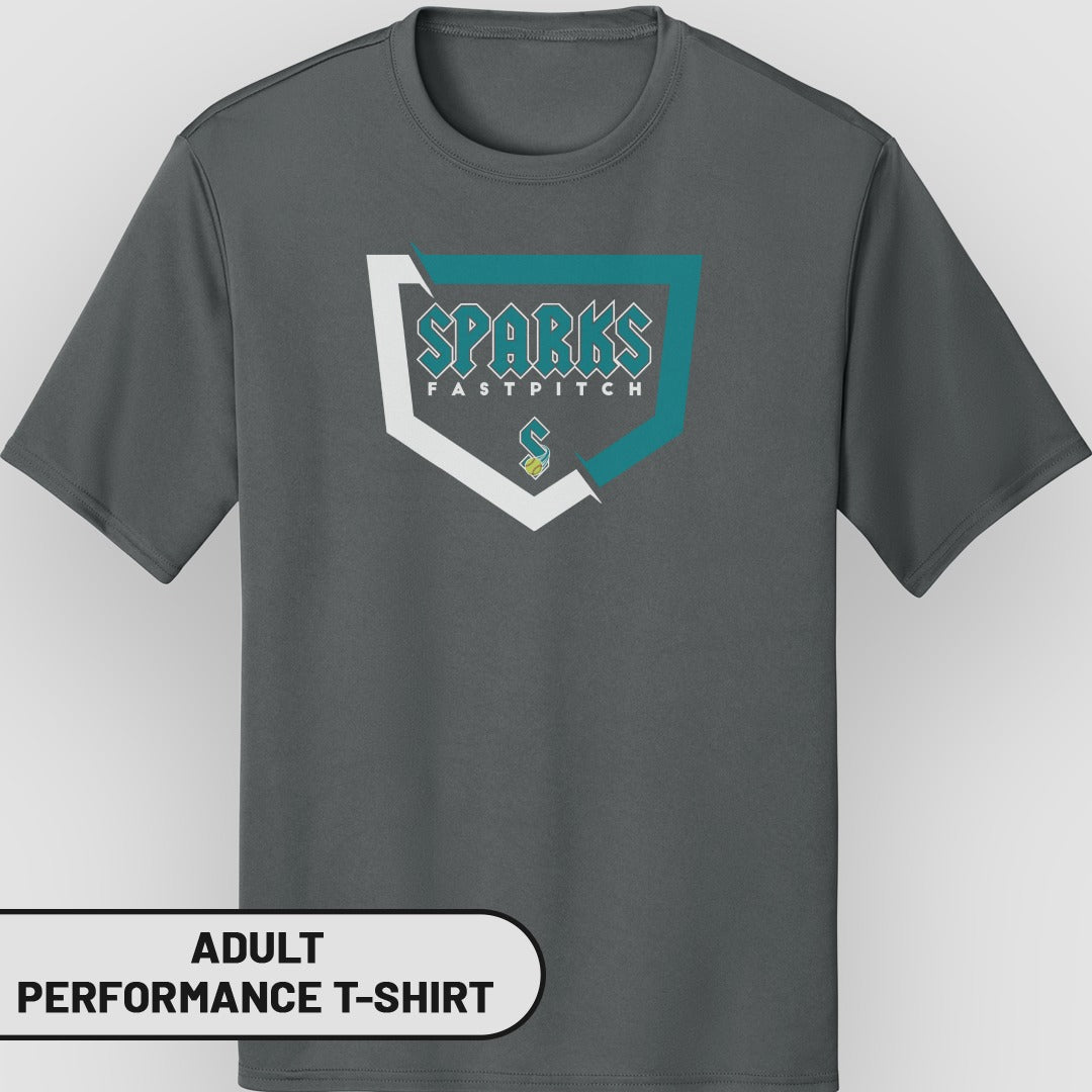 Grey adult performance t-shirt with Sparks Fastpitch logo.