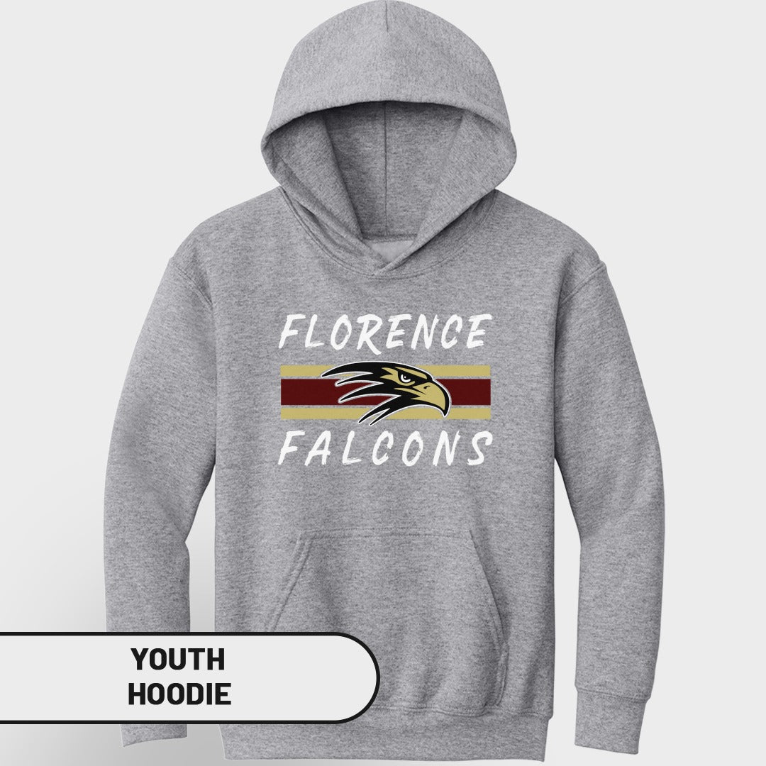 Grey youth hoodie with "Florence Falcons" text and eagle logo.