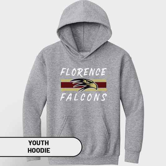 Grey youth hoodie with "Florence Falcons" text and eagle logo.