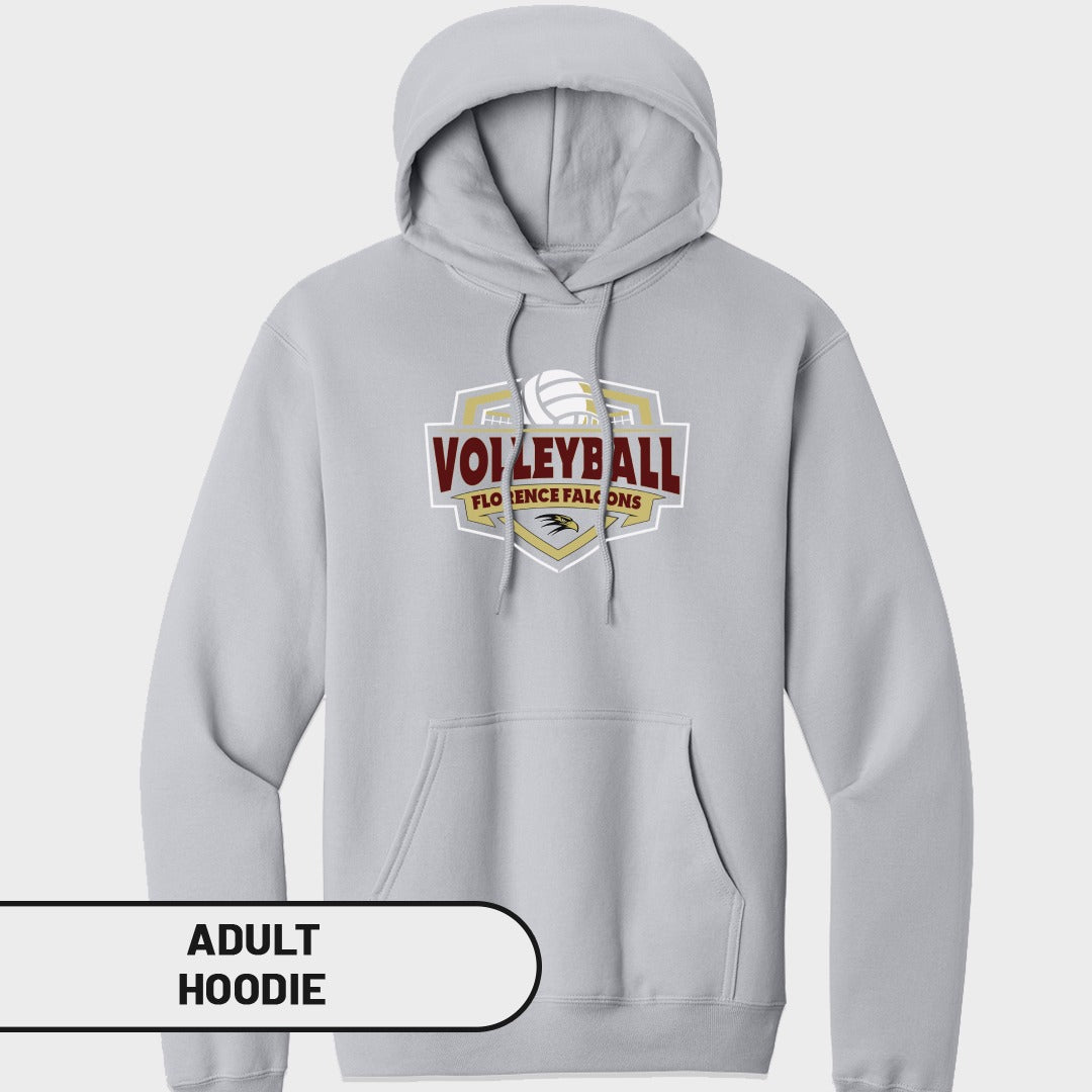 Light gray adult hoodie with a "Volleyball Florence Falcons" shield logo and volleyball graphic.