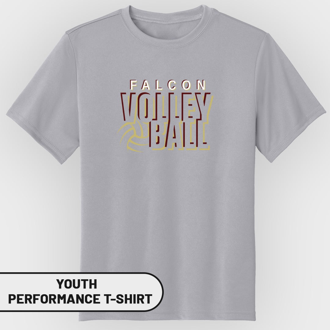 Youth performance t-shirt with "Falcon Volleyball" text and a volleyball graphic.