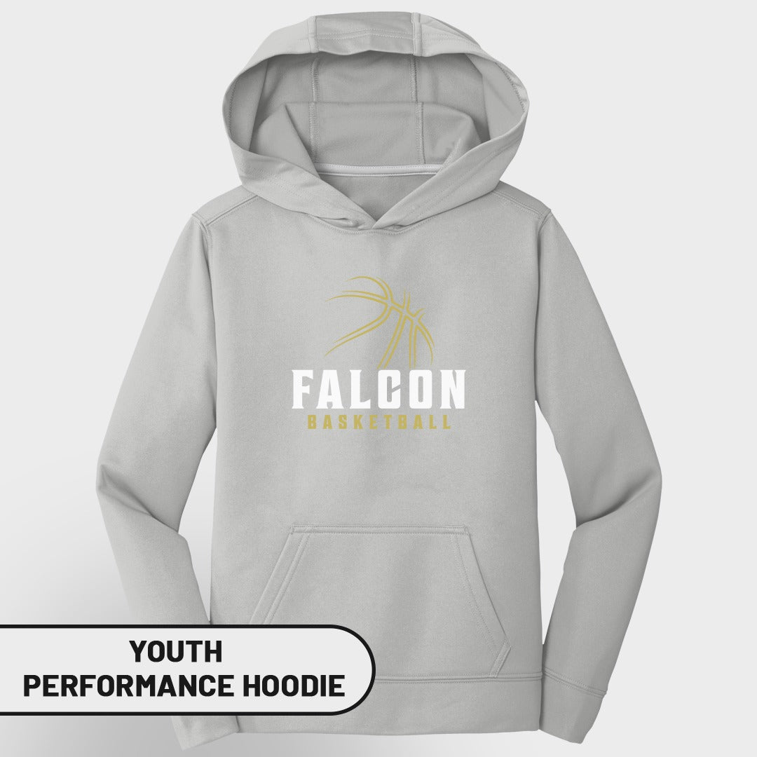 Youth grey performance hoodie with Falcon Basketball logo and text.