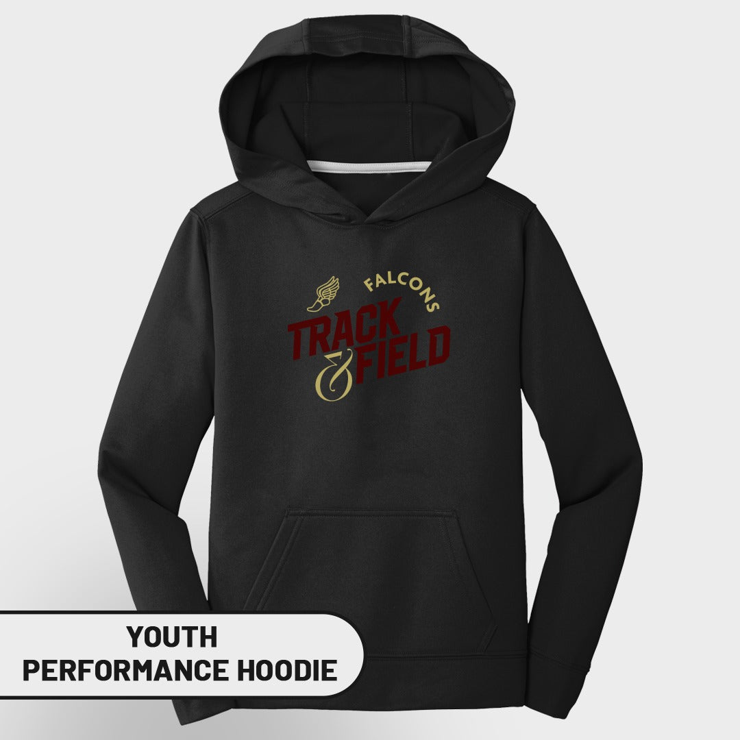 Black youth performance hoodie with "Falcons Track & Field" logo.