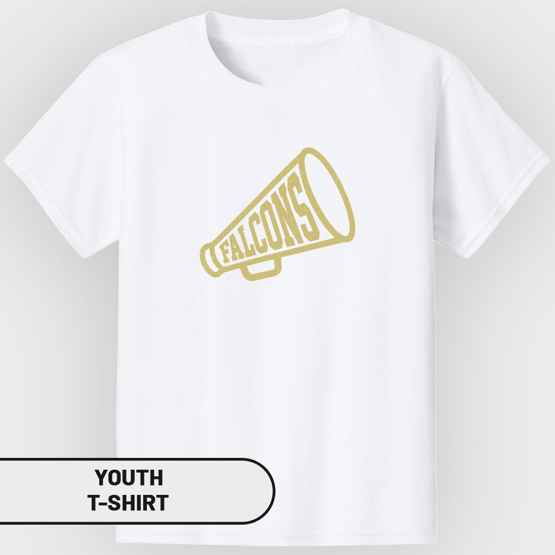 White youth t-shirt with a gold megaphone graphic that says FALCONS.
