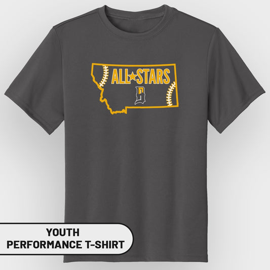 Youth performance t-shirt with Montana outline and "All-Stars" baseball graphic.