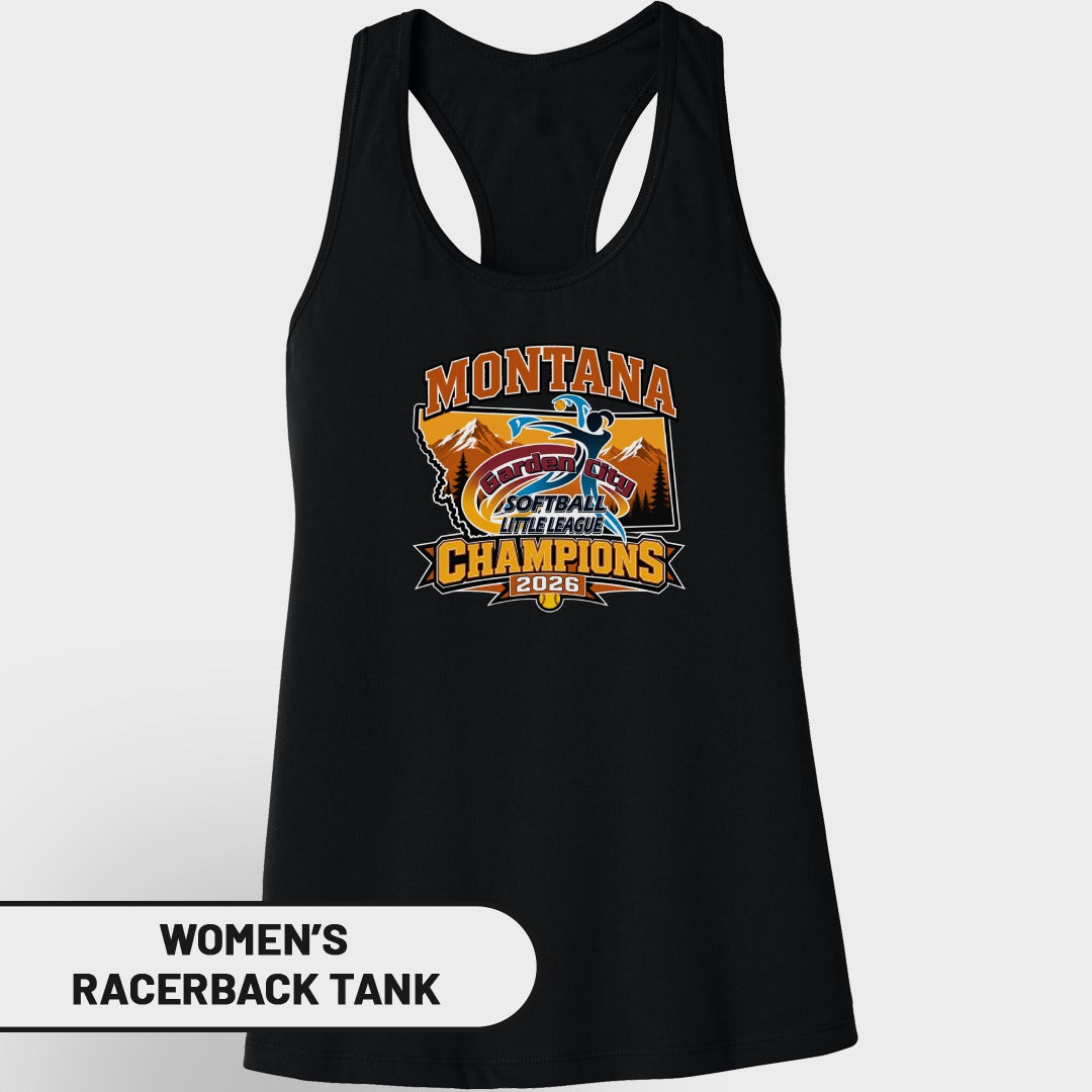 Montana Little League Softball Champions 2026 graphic on a black racerback tank top.