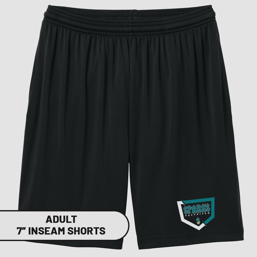 Black adult shorts with "Sparks Fastpitch" logo and "7" Inseam Shorts" label.