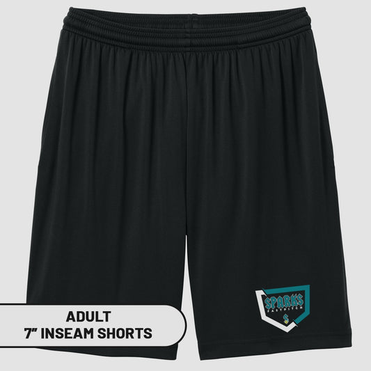 Black adult shorts with "Sparks Fastpitch" logo and "7" Inseam Shorts" label.