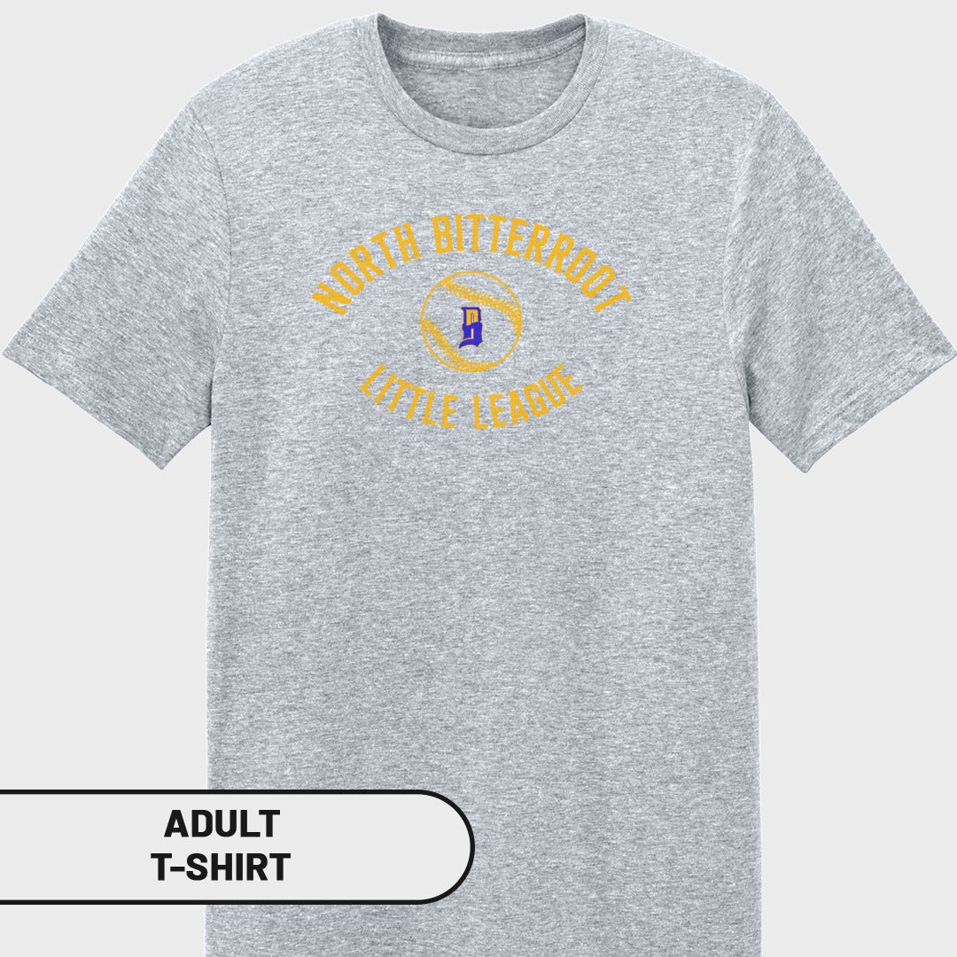 Grey adult t-shirt with "North Bitterroot Little League" logo.