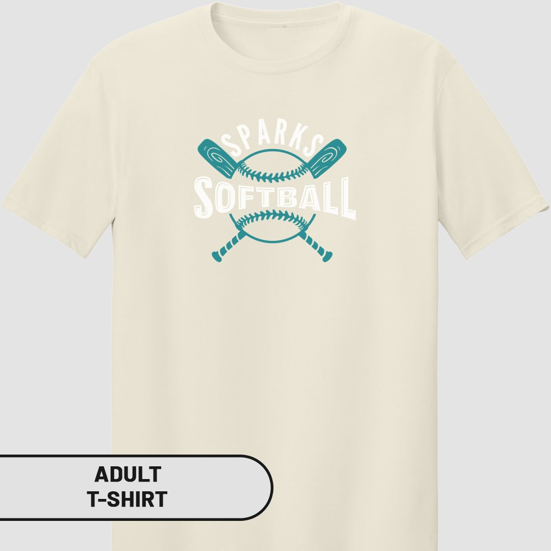 Cream t-shirt with "Sparks Softball" logo and crossed bats.