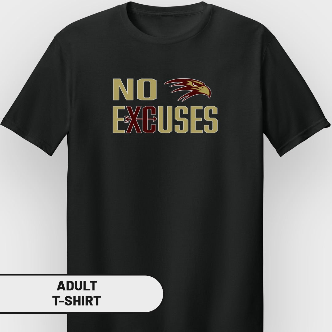 Black t-shirt with "NO EXCUSES" and a hawk's head logo.
