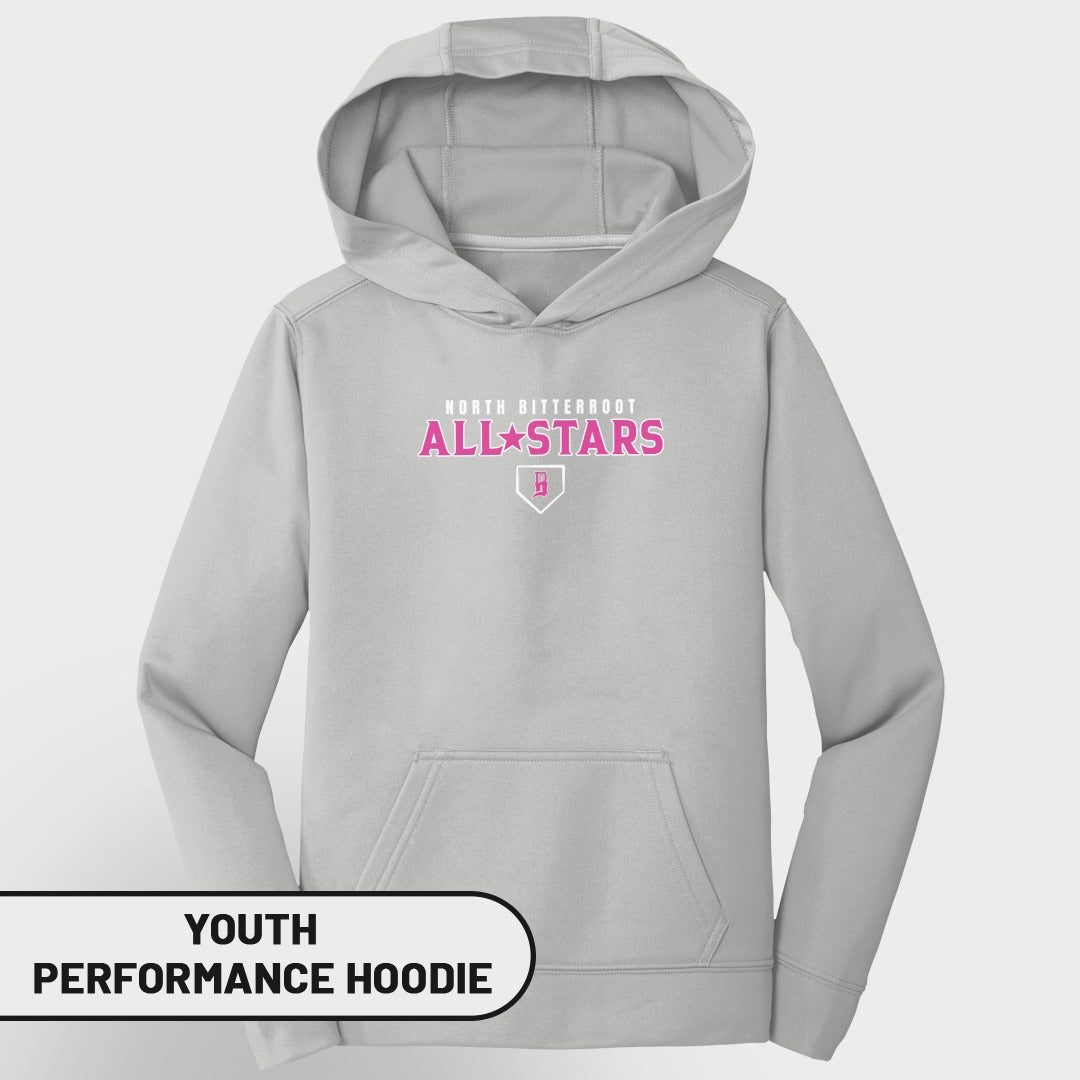 Gray youth performance hoodie with "North Bitterroot All Stars" logo.